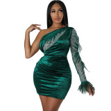 womens sexy mesh velvet Slash Shoulder long sleeve plume Bodycon dress