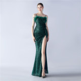 Sexy Straps Feather Sequins Flower Wedding Party Evening Dress