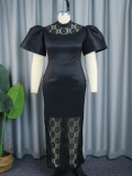 Stand Collar Puff Sleeve See-Through Mesh Patchwork Chic Party Dress