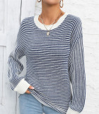 Autumn And Winter Women's Color-Blocked Round Neck Pullover Sweater Striped Knitting Top