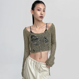 Women's Knitting Blouse Ripped Sexy Design Short Long Sleeve Top