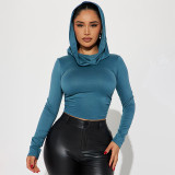 Women's Autumn Solid Color Casual Hooded Long Sleeve Crop Slim Fit T-Shirt Top