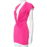 Women's Autumn Solid Color Deep V-Neck Short Sleeve Gathered Knot Bodycon Dress