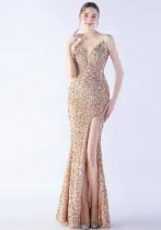 Sexy Sequined Side Slit Straps Long Evening Dress