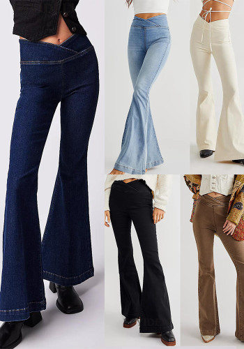 Spring And Autumn Irregular Denim Pants Women's High Waist Slim Fit Bell Bottom Trousers