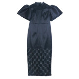 Stand Collar Puff Sleeve See-Through Mesh Patchwork Chic Party Dress