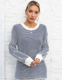 Autumn And Winter Women's Color-Blocked Round Neck Pullover Sweater Striped Knitting Top