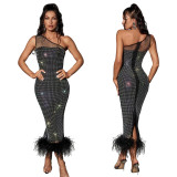 Fashion Women's One Shoulder Beaded Mesh Feather Party Dress