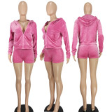 Women's Fashion Casual Solid Velvet Hooded Two-Piece Shorts Set