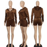 Women's Fashion Casual Solid Velvet Hooded Two-Piece Shorts Set