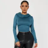 Women's Autumn Solid Color Casual Hooded Long Sleeve Crop Slim Fit T-Shirt Top