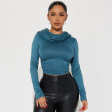 Women's Autumn Solid Color Casual Hooded Long Sleeve Crop Slim Fit T-Shirt Top