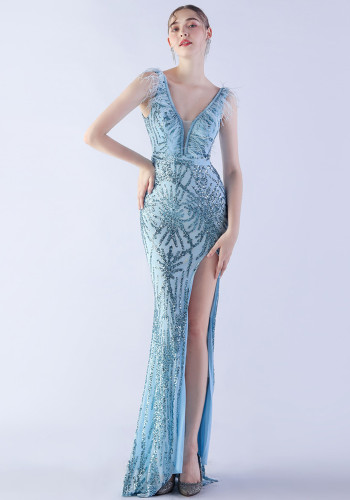 Sexy Feather Beading Sequins Evening Formal Party Side Slit Evening Dress