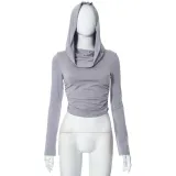 Women's Autumn Solid Color Casual Hooded Long Sleeve Crop Slim Fit T-Shirt Top