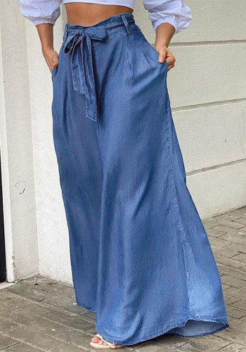 Plus Size Women Casual Denim Strappy High Waisted Wide Leg Pants