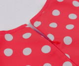Women Round Neck Bow Tie Polka Dot Short Sleeve Dress