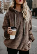 Women Long Sleeve Hooded Solid Fleece Zipper Top