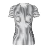 Women Summer Striped Round Neck Short Sleeve T-Shirt