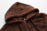 Women Long Sleeve Hooded Solid Fleece Zipper Top