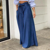 Plus Size Women Casual Denim Strappy High Waisted Wide Leg Pants
