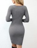 Women Knitting Fall and Winter Long Sleeve Bodycon V Neck Basic Sweater Dress