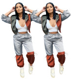 Women Colorblock Zipper Top and Pant Sports Two-Piece Set