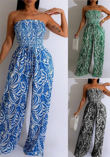 Women Summer Printed Strapless Sexy Off-the-Shoulder Wide-Leg Jumpsuit