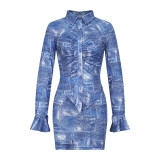 Women printed long-sleeved shirt and skirt two-piece set
