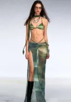 Summer Women Printed Bikini Holidays Skirt Two-piece Set
