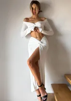 Women autumn sexy long-sleeved v-neck Top and high-waist slit Skirt two-piece set