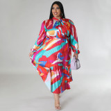 Plus Size Women Lace-Up Long Sleeve Printed Pleated Dress