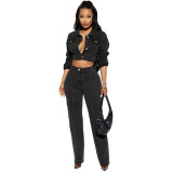 Women Autumn and Winter Long Sleeve Stretch Denim Top and Pant Two-piece Set