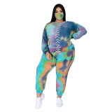 Plus Size Women Tie Dye Lace-Up Long Sleeve Loose Hoodies Casual Three-Piece