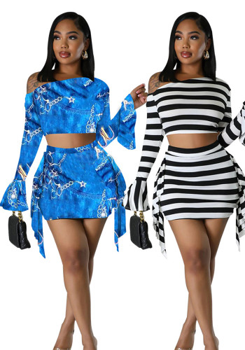 Women Sexy Slash Shoulder Bell Bottom Top and Mini Skirt two-piece set