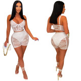 Women Solid Sexy Lace Sleeveless Top and Shorts Two-piece Set