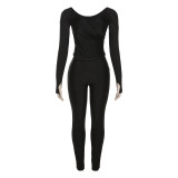 Autumn Women's Sexy Off-Shoulder V-Neck Long Sleeve Top High Waist Tight Fitting Trousers Casual Sports Two Piece Set
