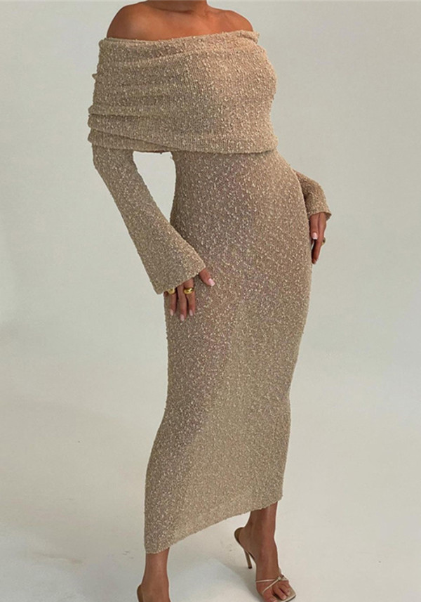 Vestido de punto delgado de cintura alta con hombros descubiertos sexy transparente para mujer de otoño