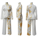 Conjunto de dos piezas de traje estampado de manga larga con cuello vuelto para mujer de moda