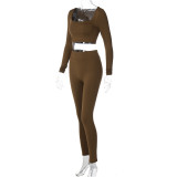 Conjunto de pantalones ajustados de moda de dos piezas con cuello en U y manga larga de Color sólido de otoño para mujer