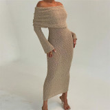Vestido de punto delgado de cintura alta con hombros descubiertos sexy transparente para mujer de otoño