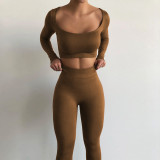 Women's Autumn Solid Color Long-Sleeved U-Neck Two-Piece Slim Fashion Pants Set For Women