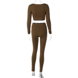 Women's Autumn Solid Color Long-Sleeved U-Neck Two-Piece Slim Fashion Pants Set For Women