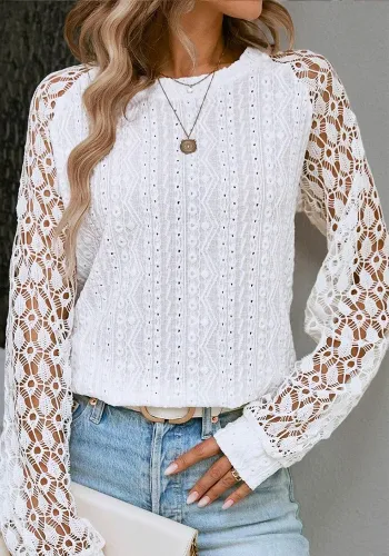 Autumn Long Sleeve Round Neck Lace Patchwork Solid Color Shirt