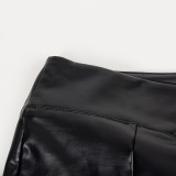 Women Fall Solid Bell Bottom Slit PU-Leather Pant