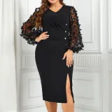 Women V-neck puff long-sleeved loose slit dress
