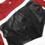 Women Fall Fashion Contrast Color Long Sleeve Pu-Leather Crop Jacket