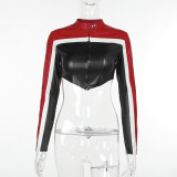 Women Fall Fashion Contrast Color Long Sleeve Pu-Leather Crop Jacket