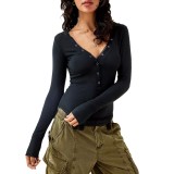 Women Solid Long Sleeve Single Breasted Hooded T-Shirt