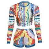 Fall Women Printed Casual Long Sleeve Top and Shorts Two-piece Set