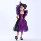 Halloween girls' mesh puffy dress with matching hat, children's witch performance costume
